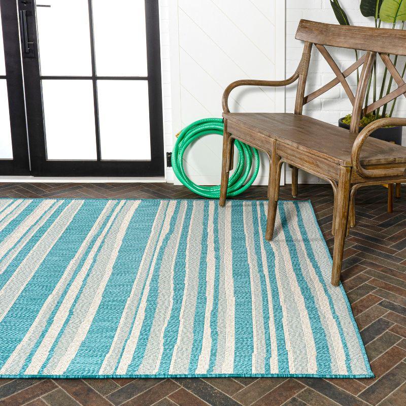 Aqua and Cream Stripe Synthetic 4' x 6' Indoor/Outdoor Rug