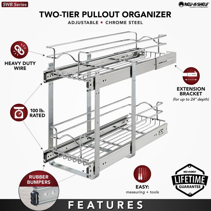 Rev-A-Shelf 5WB2 2-Tier Wire Basket Pull Out Shelf Storage for Kitchen Base Cabinet Organization, Chrome