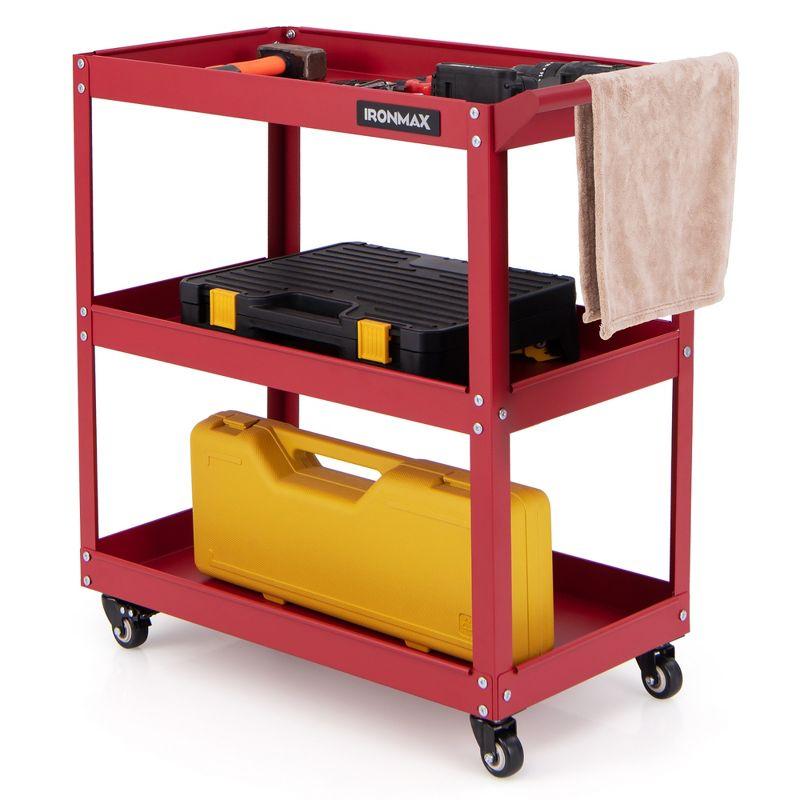 Tangkula 3-Tier Rolling Tool Cart w/ 3 Spacious Shelves 4 Universal Wheels w/ 2 Brakes Red