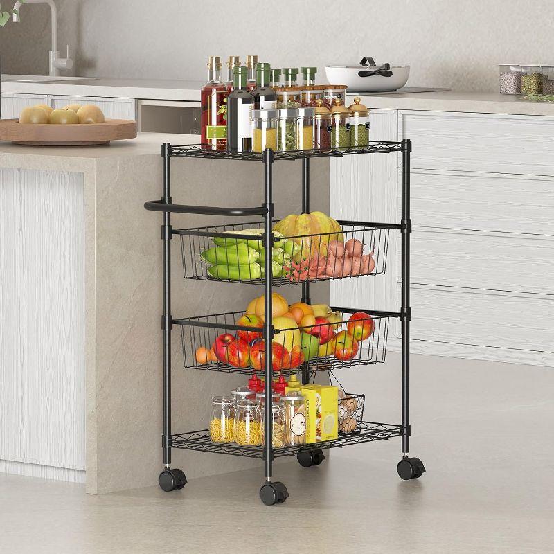 4 Tier Rolling Carts, Metal Wire Utility Cart with Wheels & Handle Bar, 110Lbs Heavy Duty Serving Trolley Storage Cart for Restaurant, Kitchen, Black