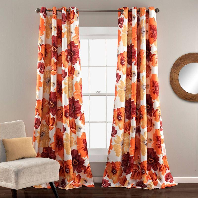 Red and Orange Floral Blackout Grommet Drapes, 52"x84"