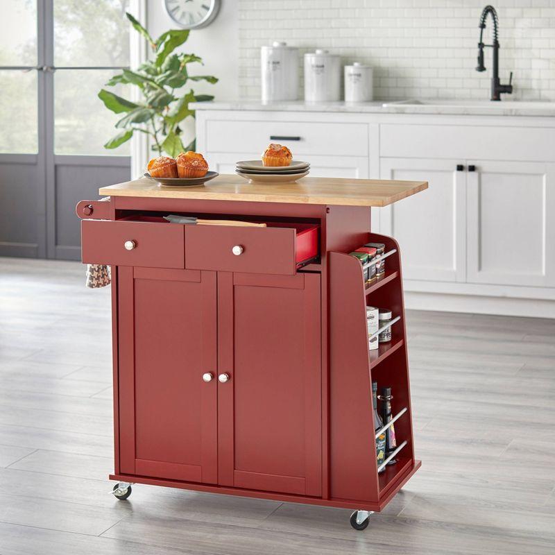 Red Wood Kitchen Cart with Spice Rack and Storage