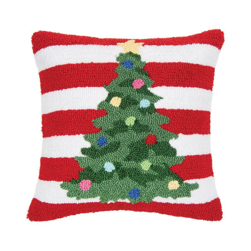 Festive Red and White Hooked Christmas Tree Throw Pillow