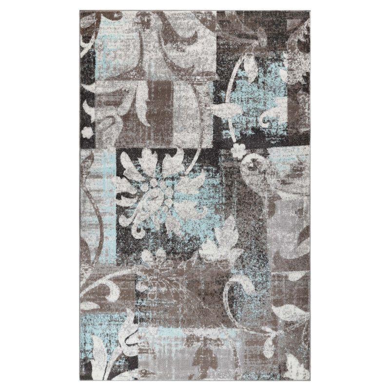 Contemporary Floral Patchwork Indoor Area Rug, 4'x6', Brown-Turquoise - Blue Nile Mills