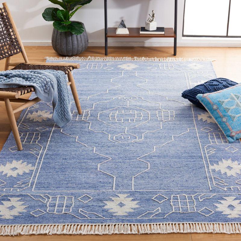 Blue and Ivory Hand-Woven Square Kilim Area Rug