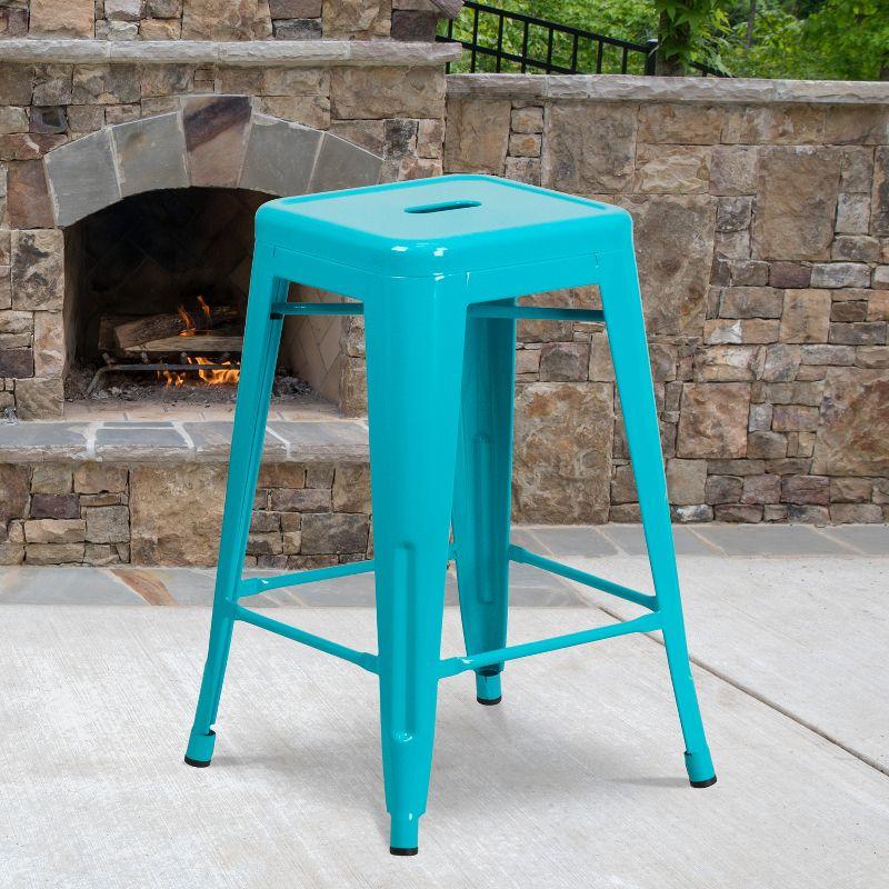 Crystal Teal-Blue 24" Stackable Metal Indoor-Outdoor Counter Stool