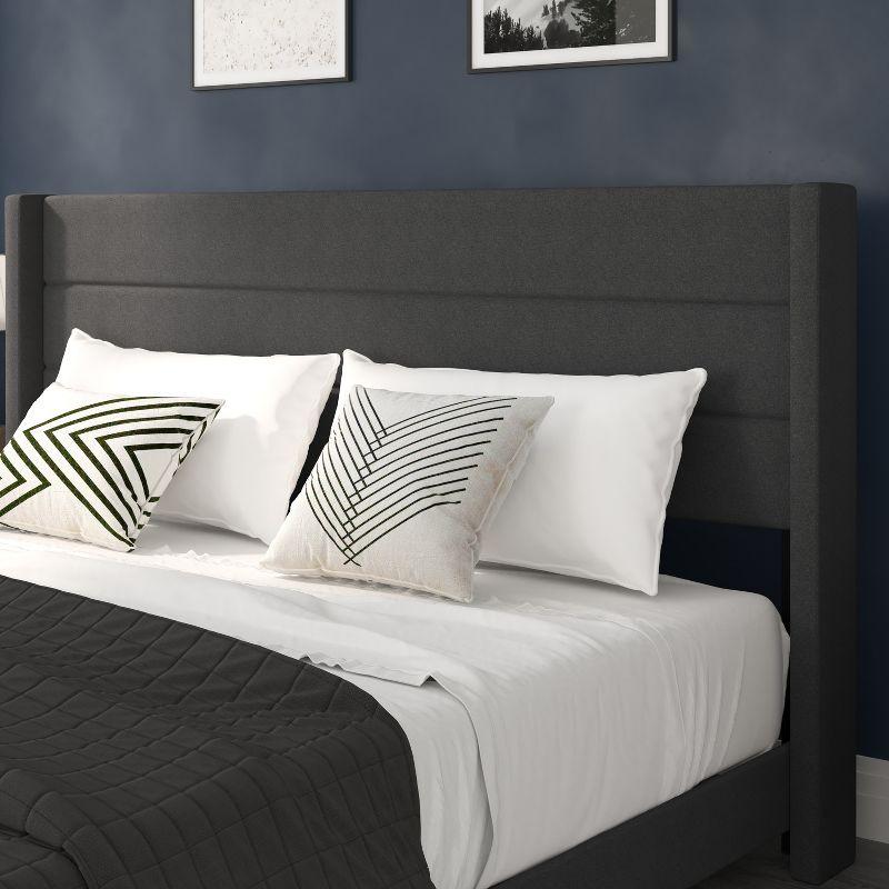 Flash Furniture King Size Upholstered Platform Bed with Wingback Headboard-Charcoal Faux Linen