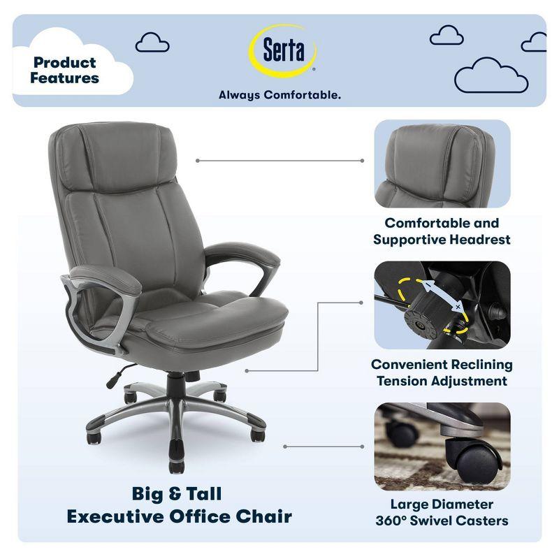 Big and Tall Executive Office Chair Opportunity Gray - Serta: Heavy-Duty, Ergonomic with Lumbar Support, Fixed Arms