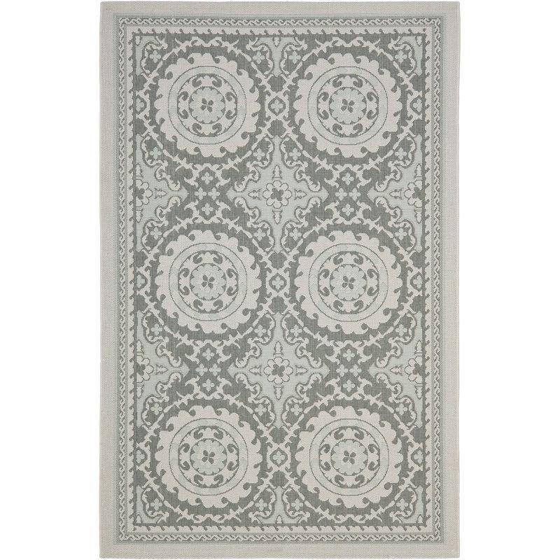 Light Grey and Anthracite Floral Motif Outdoor Area Rug