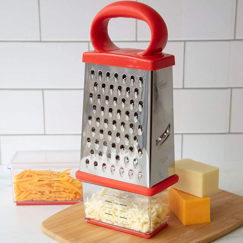 Good Cooking Box Cheese Grater w 2 Attachable Storage Containers- 4-Sided Stainless Steel Slicer and Shredder- 2 Hoppers for Cheeses