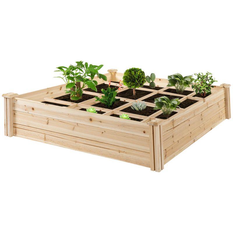 Outsunny 4ft x 4ft Raised Garden Bed, Wooden Planter Box with Segmented Growing Grid for Plants & Herbs, Natural Wood