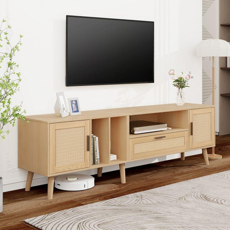 Whisen Rattan-inspired Entertainment Center TV Stand for TVs up to 80'' with 2 Cabinets and 2 Open Shelves