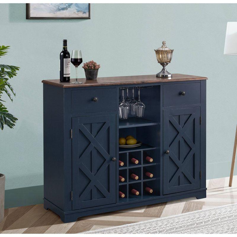 Navy Blue 47" Wood Bar Cabinet with Wine Rack and Nickel Knobs