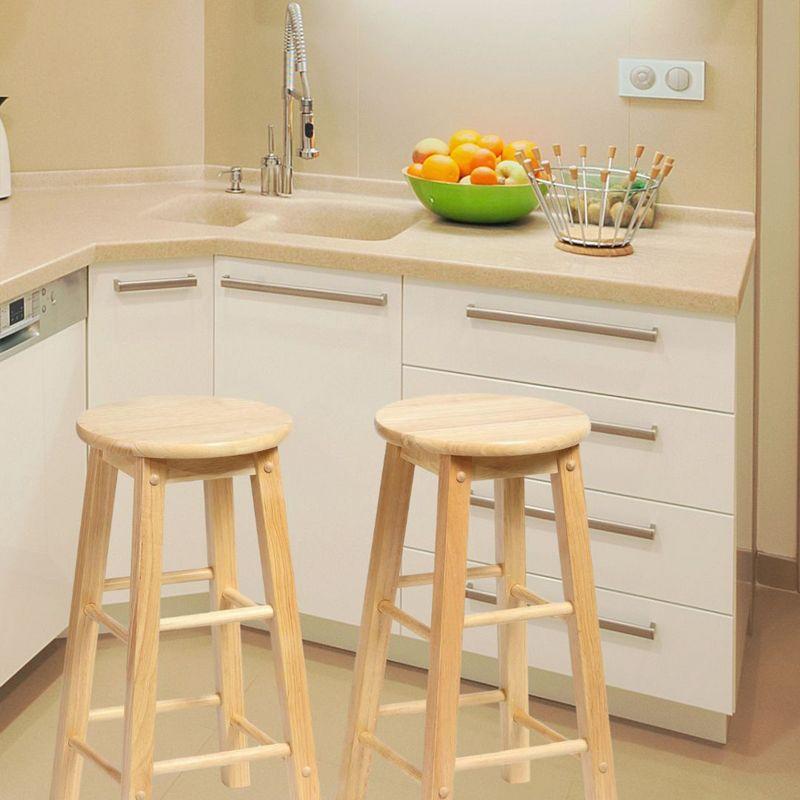 PJ Wood Round-Seat 24 Inch Tall Kitchen Counter Stools for Homes, Dining Spaces, and Bars with Backless Seats, 4 Square Legs, Natural, Set of 2
