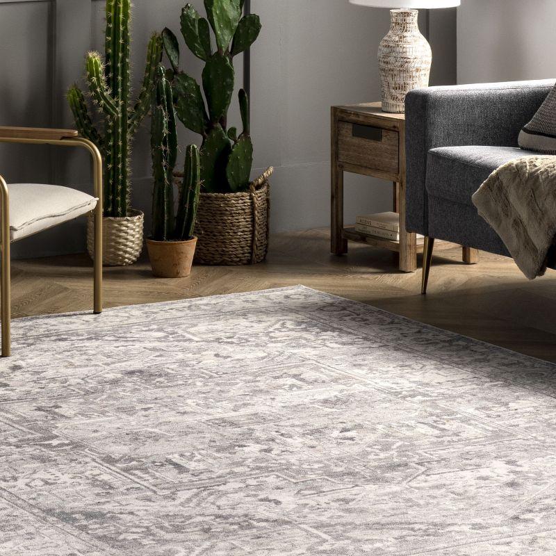 Nuloom 6 Round Machine Washable Rain Haven Vintage Medallion Indoor Area Rug, Grey Non-Slip Backing, Stain Resistant,  BedroomLiving Room, Kitchen