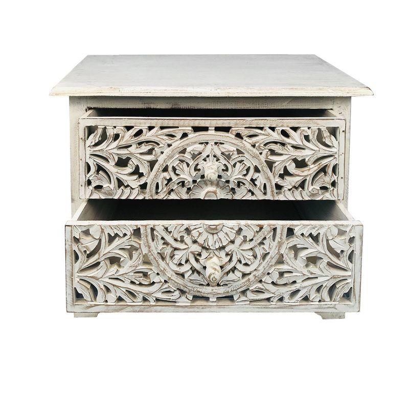 The Urban Port 24" Handcrafted Mango Wood Nightstand Side Table 2 Drawers Floral Carved Cut Out Design Antique White