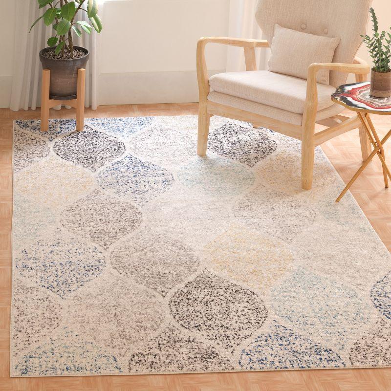 Ivory and Blue 4' Square Synthetic Easy-Care Area Rug