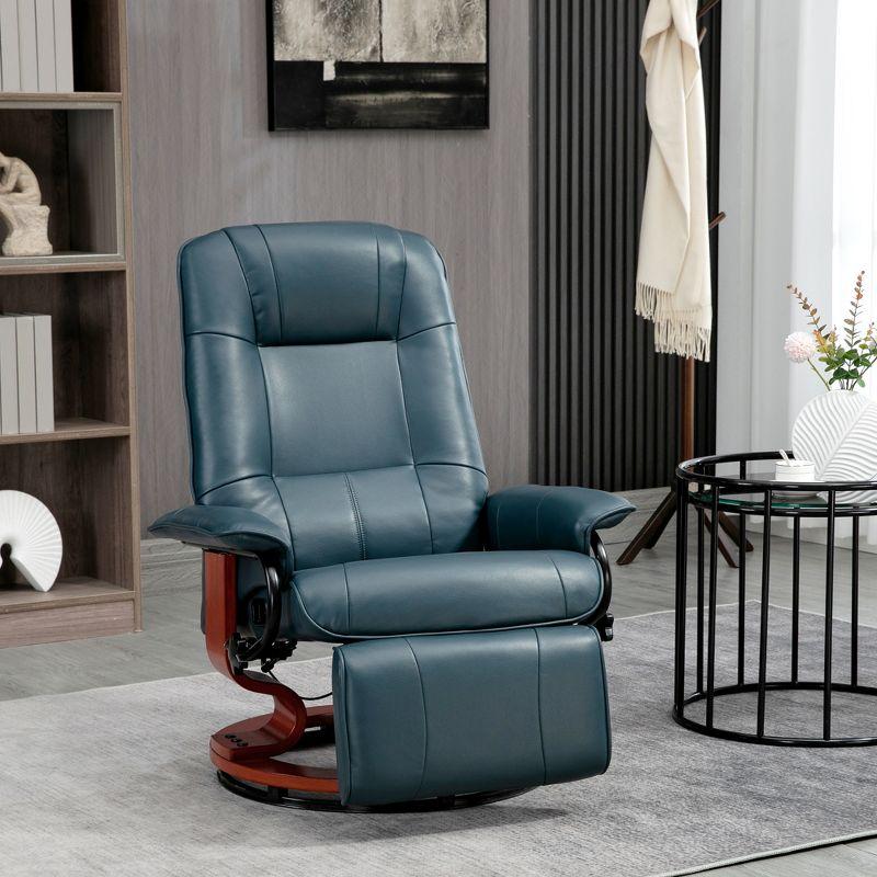 Blue Faux Leather Swivel Recliner with Wood Base