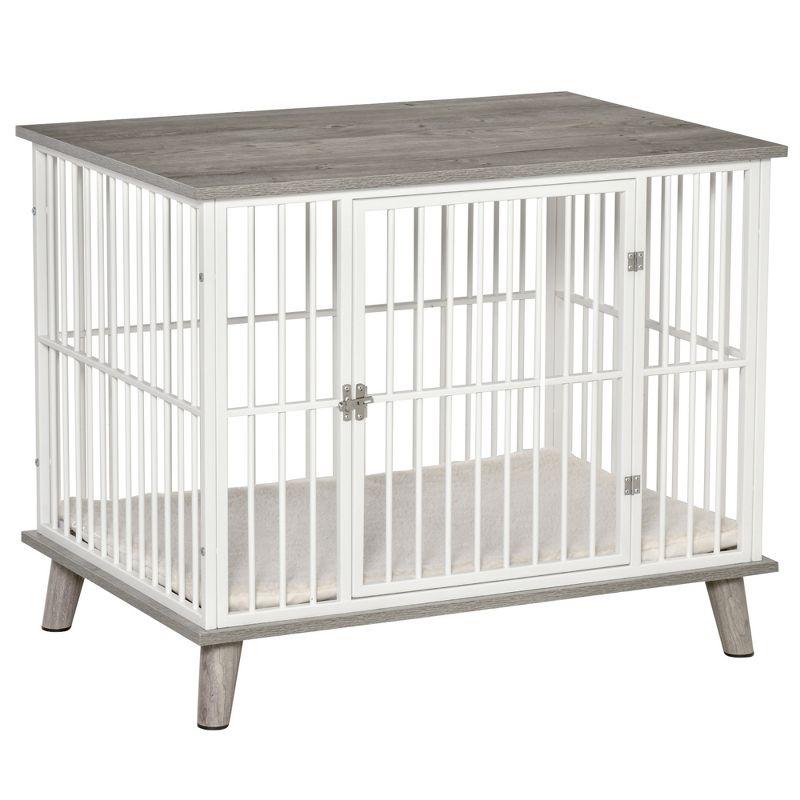 Medium Gray and White Wooden Dog Crate Table with Cushion