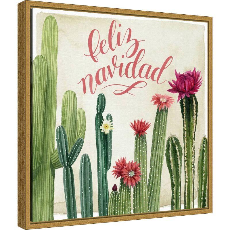 16" x 16" Christmas Cactus I Feliz Navidad by Grace Popp Framed Canvas Wall Art - Amanti Art: Modern Decor, Seasonal Holiday