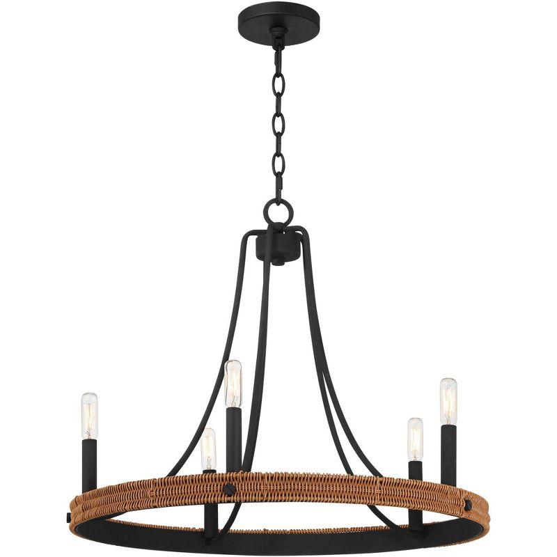 Franklin Iron Works Navarro Black Wagon Wheel Chandelier 24 1/2" Wide Farmhouse Rustic Wood Ring 5-Light Fixture for Dining Room