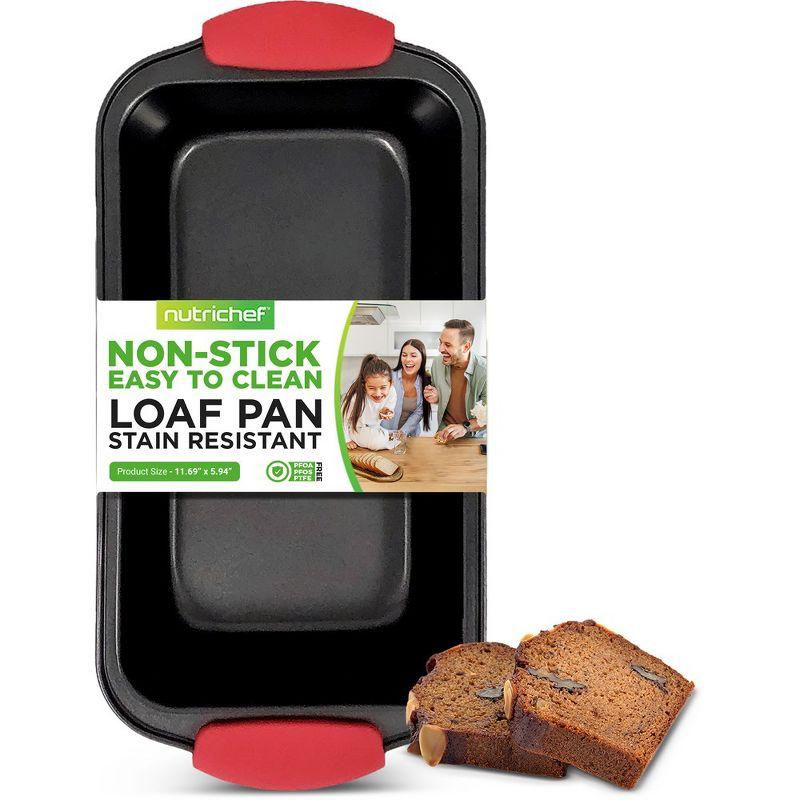 NutriChef Non-Stick Carbon Steel Loaf Pan with Red Silicone Handles