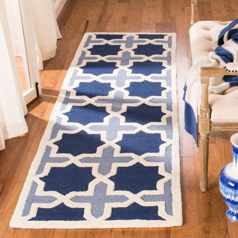 Hand-Tufted Geometric Blue and Ivory Wool Runner Rug