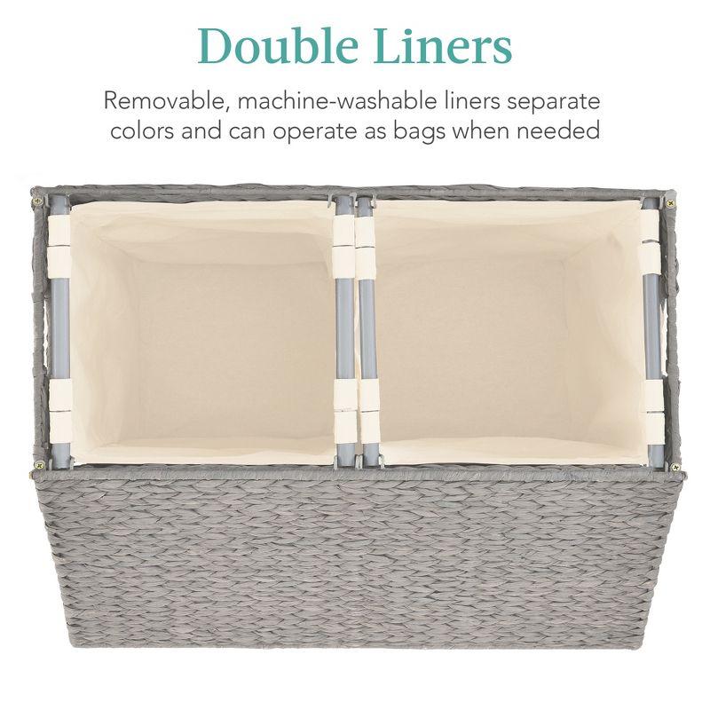 Best Choice Products Large Natural Water Hyacinth Double Laundry Hamper Basket w/ 2 Liner Bags, Handles - Gray