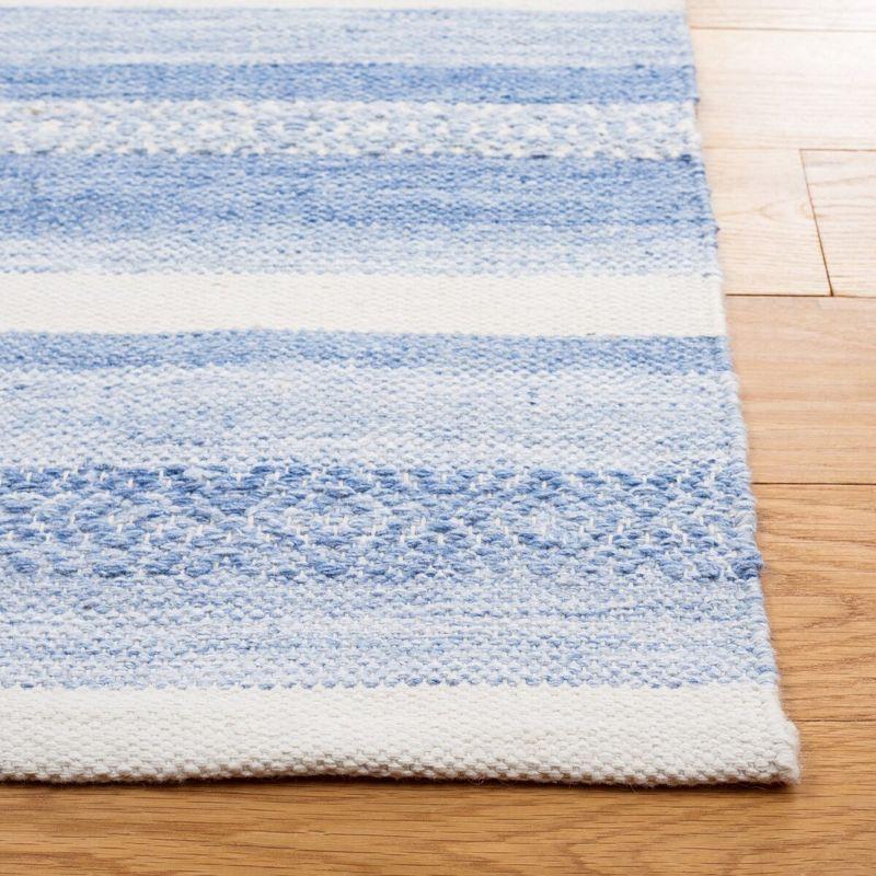 Ivory and Blue Striped 4' x 6' Flat Woven Wool Rug