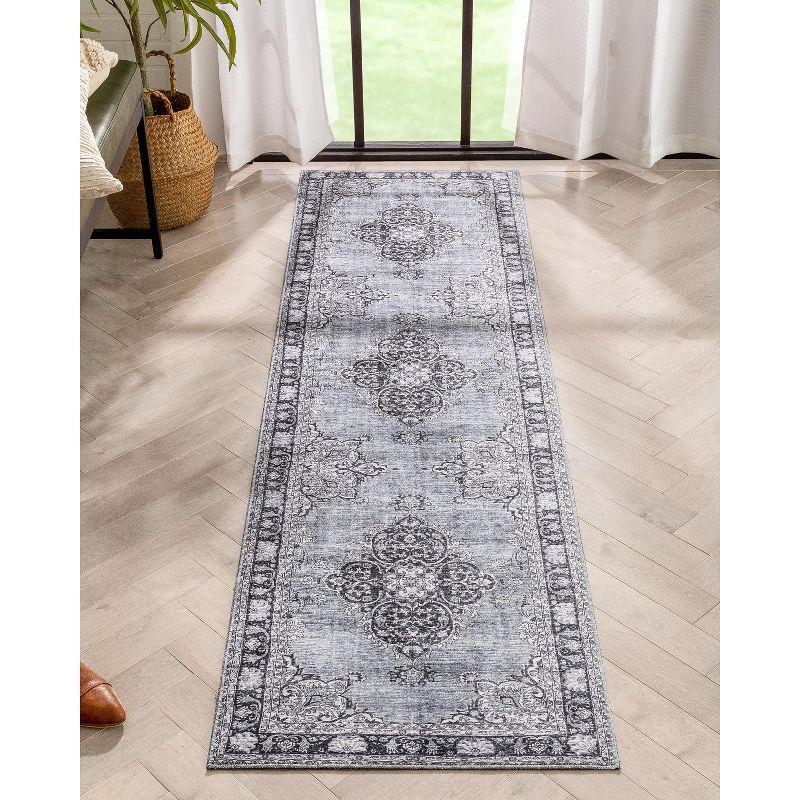 Well Woven Areva Machine Washable Grey Vintage Oriental Medallion Flat Pile Runner Rug 2x7 (2'1" x 7'3" Runner)
