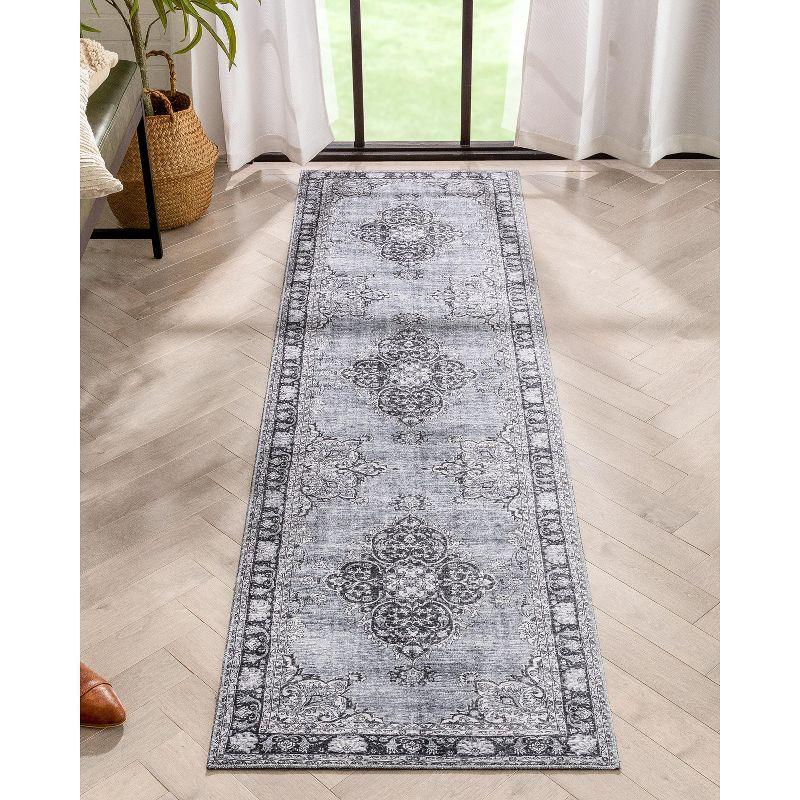 Elegant Grey Medallion Synthetic 2'1" x 7'3" Machine Washable Runner Rug