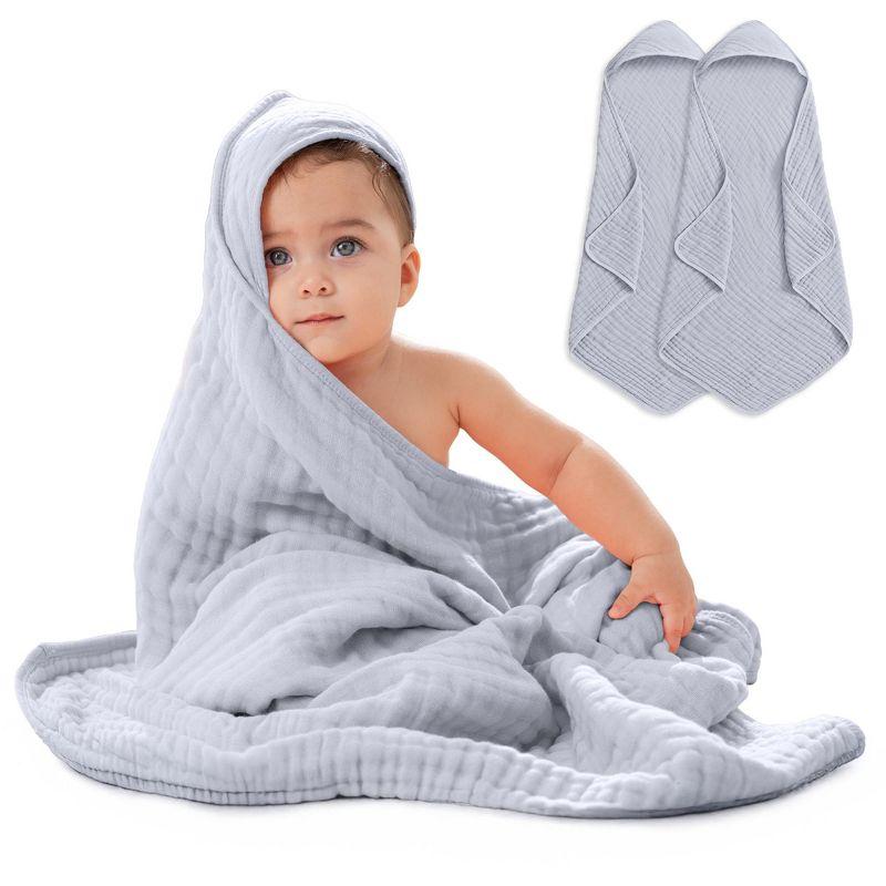Comfy Cubs Comfy Cubs Hooded Baby Towel 2-Pack, Large 32 x 32 Inch - 6 Layer 100% Muslin Cotton - Soft & Absorbent Baby Bath Towels (Set of 2)
