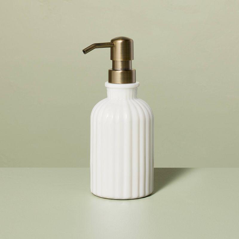 Fluted Milk Glass Soap Pump Brass Finish - Hearth & Hand™ with Magnolia: Elegant Bathroom Accessory, 10oz Capacity