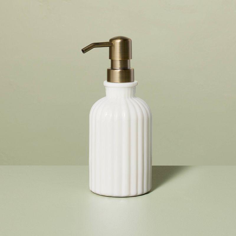 White Fluted Milk Glass Soap Pump with Brass Finish