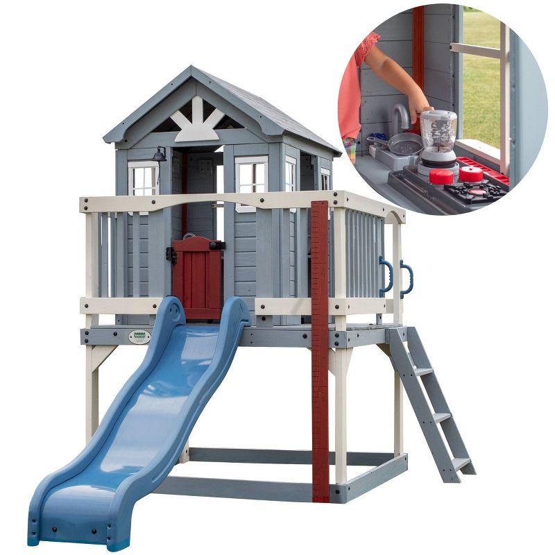 Backyard Discovery Backyard Discovery Beacon Heights Cedar Wooden Elevated Kids Playhouse with Wave Slide, Play Kitchen, and Deck