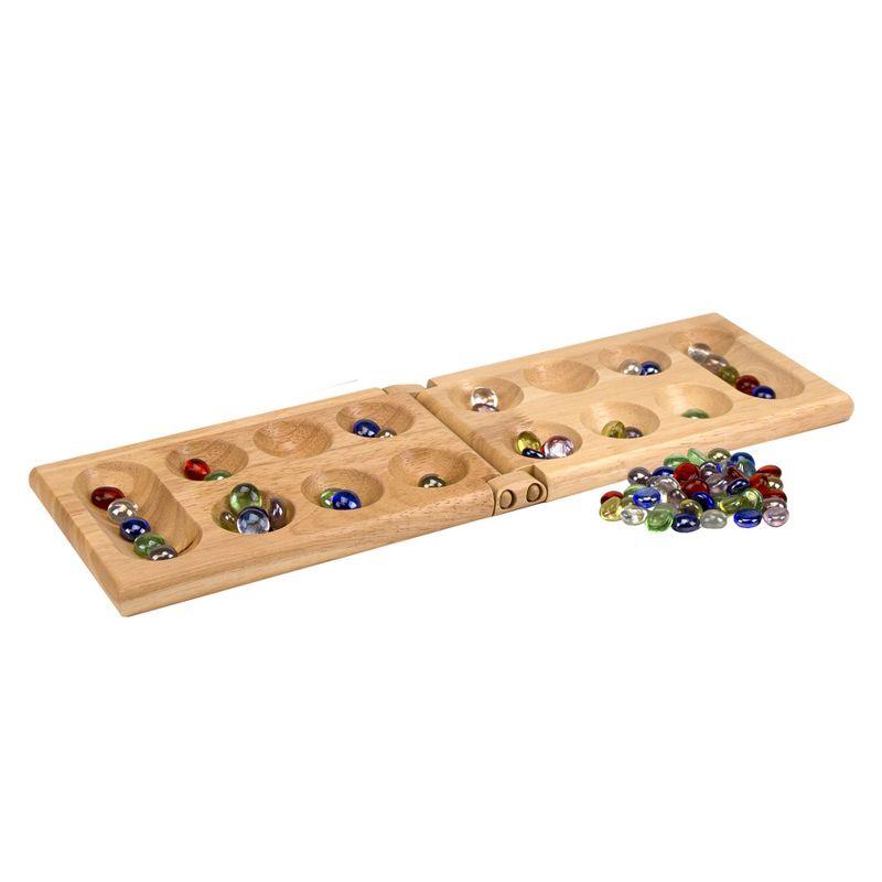 Wooden Mancala Game Set with Hinged Board and Marbles