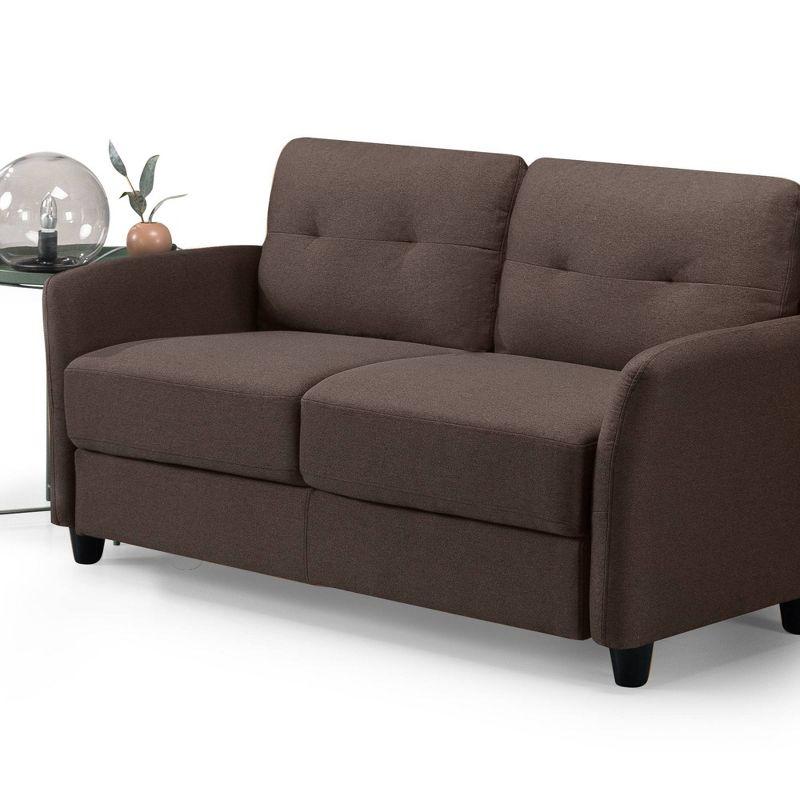 Chestnut Brown Tufted Fabric Loveseat with Flared Wood Arms