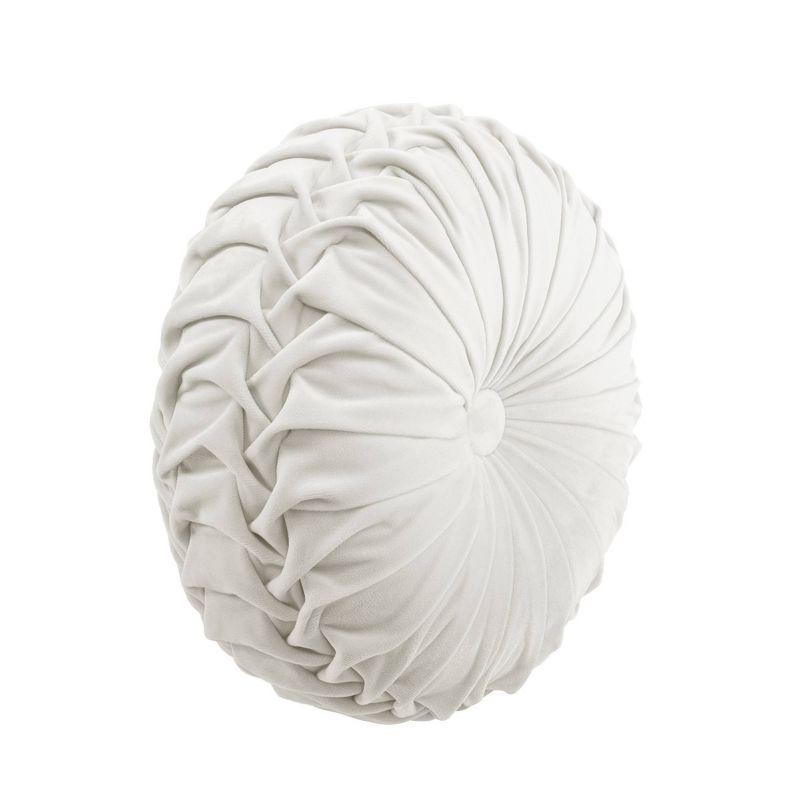 White Round Pleated Velvet Decorative Throw Pillow, 15 Inch