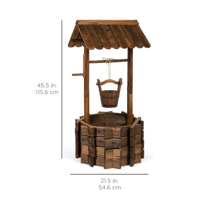 Rustic Fir Wood Wishing Well Planter with Hanging Bucket