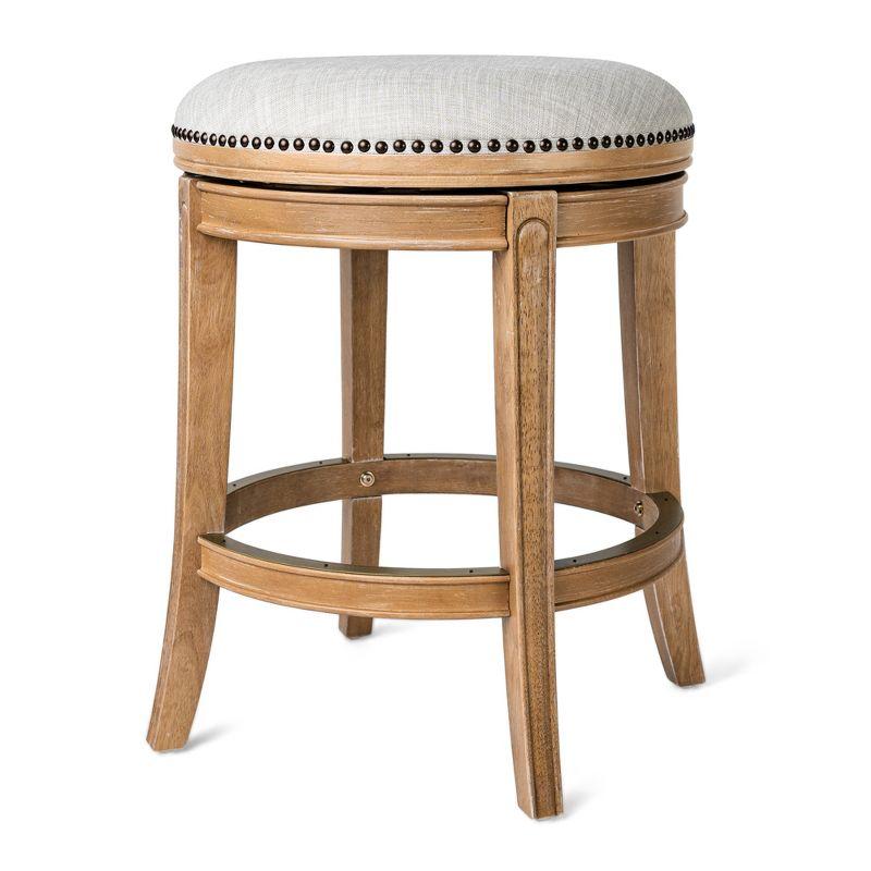 Weathered Oak Backless Swivel Counter Stool with Sand Upholstery