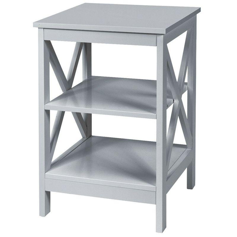 Costway 3-Tier Nightstand End Table X Design Storage Display Shelf Living Room Grey