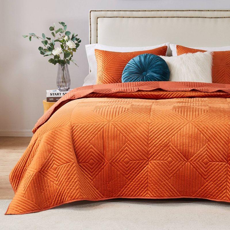Greenland Home Fashions 3pc King Riviera Velvet Quilt & Sham Set Spice Orange: Microfiber, Zipper Closure, Year-Round