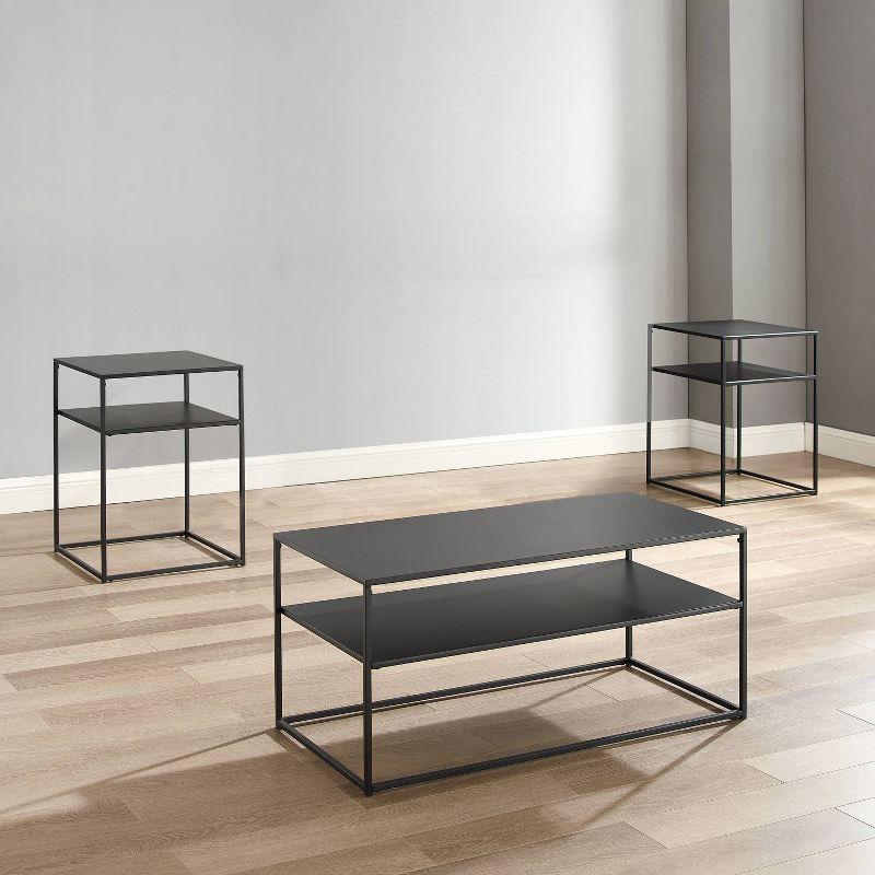 3pc Braxton Coffee and Accent Table Set Matte Black - Crosley: Steel Frame, Open Shelf, Modern Industrial Style