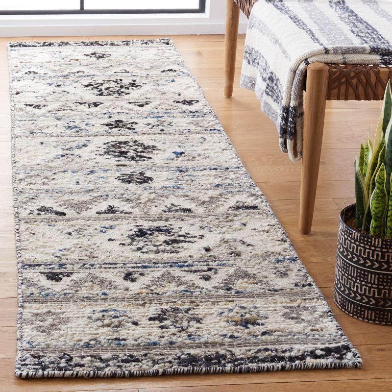 Ivory and Black Hand-Knotted Wool Shag Runner Rug