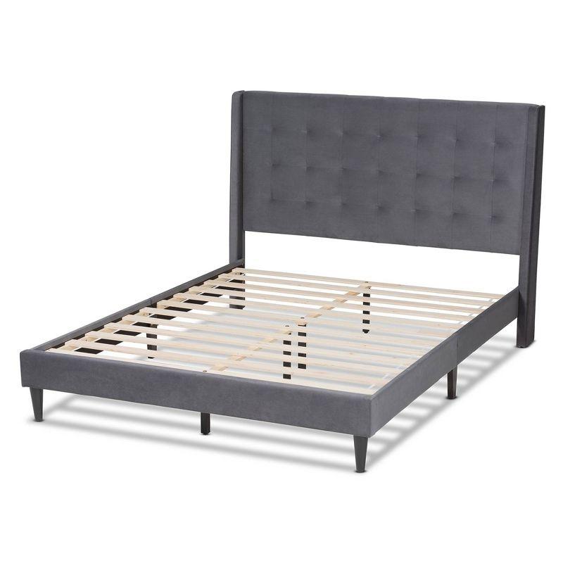 Gothard Modern Grey Velvet & Dark Brown Wood Queen Platform Bed