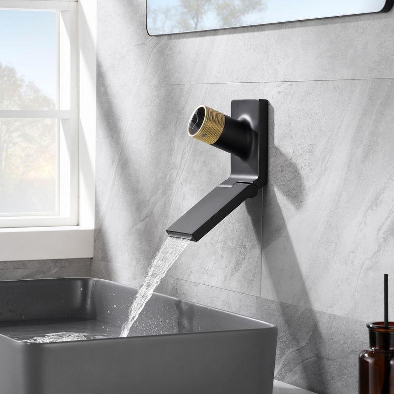 Sumerain Wall Mount Bathroom Sink Faucet with Swiveling Waterfall Brass Spout, Black and Gold