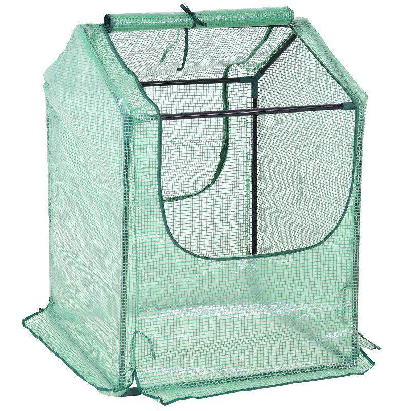 Green 2' x 2' Iron and Polyethylene Mini Greenhouse with Zippered Doors