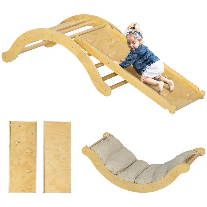 Toddler Climbing Toys, Indoor 4 In 1 Pikler Climbing Set with Arch Climber, Ramp & Cushion, Wooden Montessori Climbing Set, Baby Play Gym for Indoor Playground, Wood