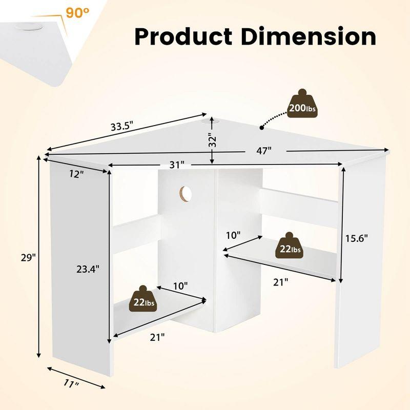 Costway Corner Computer Desk Triangle Writing Workstation w/ Storage Shelf White