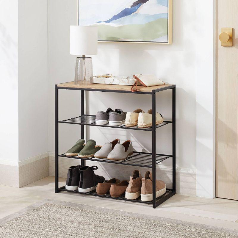 4-Tier Black Metal Shoe Rack with Natural Wood Top